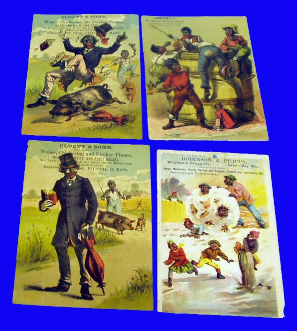 BLACK AMERICANA (5) Trade Cards: Colorful litho cardboard and paper; comical druggists, organs, grocer; no advertising on reverse; some previously glued; some bends and spotting; H-8", G.