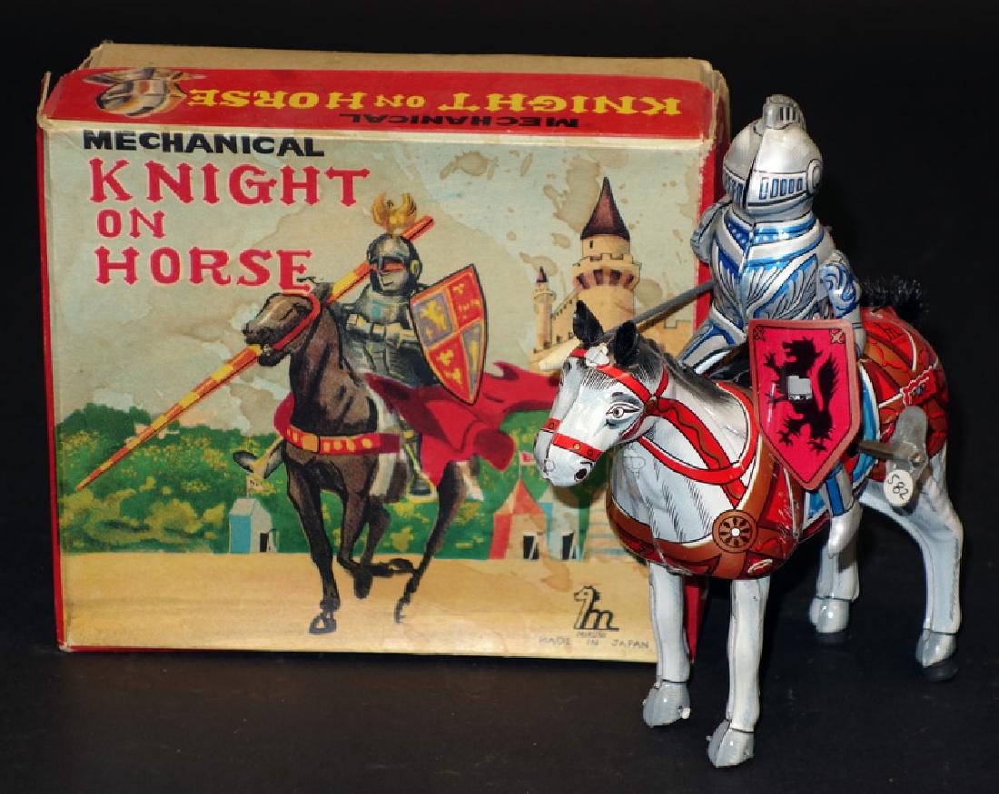 JAPANESE KNIGHT ON "HORSE": Mikuni; litho tin; mechanical; working; original box is stained; box is F-G; normal wear; L-5", VG-EX
