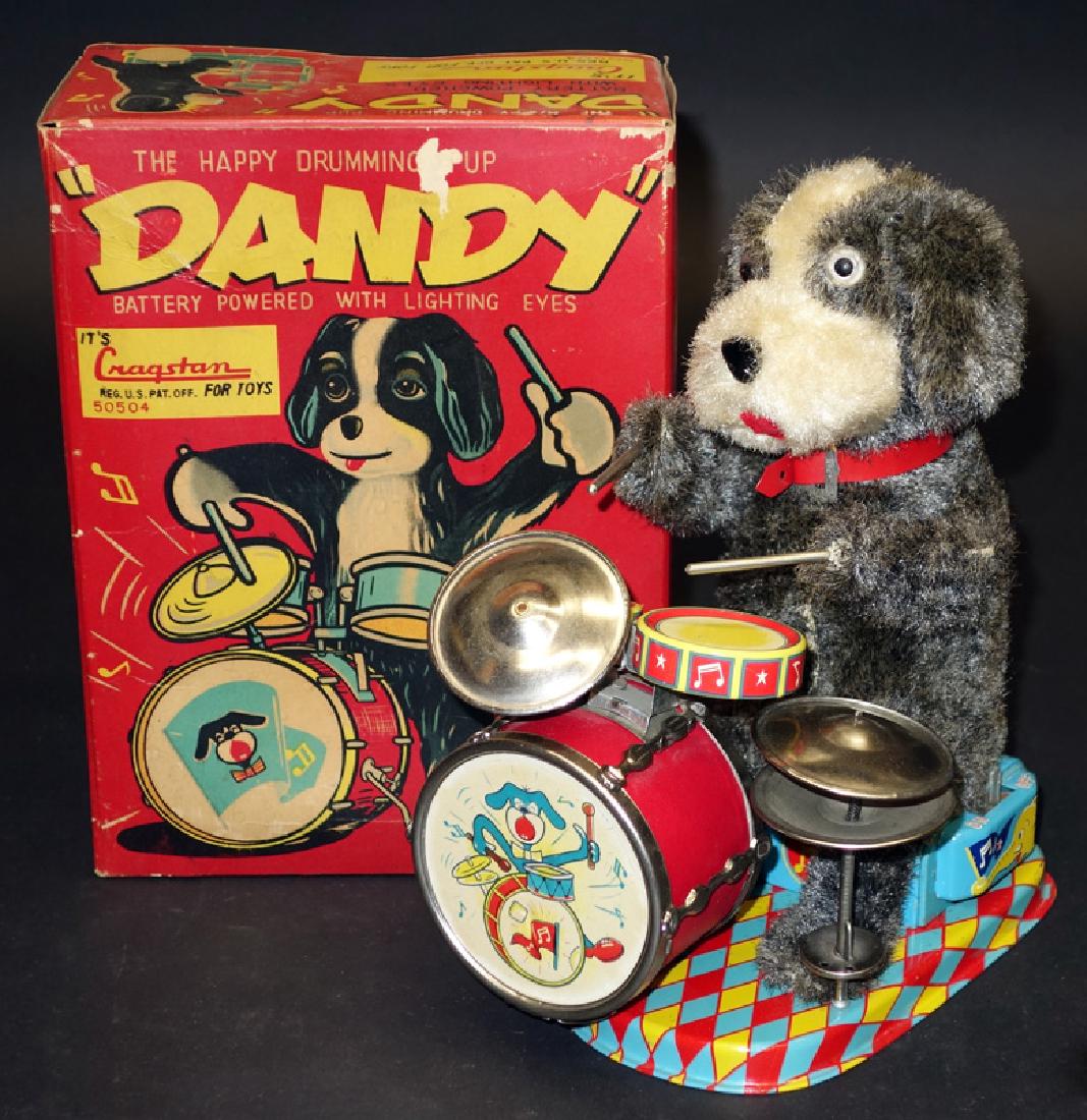 "DANDY" THE HAPPY DRUMMING PUP: "..with lighting eyes"; Cragstan Alps Japan; litho tin and plush; battery op; works; original box has wear and small loss, box is G-VG; normal wear; H-9", VG-EX