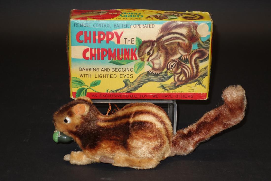 "CHIPPY THE CHIPMUNK" BATTERY OP: "with lighted eyes"; Alps Japan; plush; remote battery op; works; original box has wear, box is VG-EX; normal wear; H-12", VG-EX