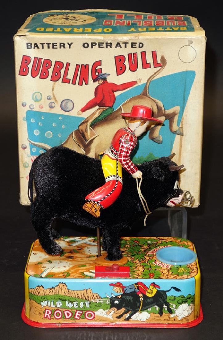 "BUBBLING BULL" BATTERY OP: Linemar, Japan; litho tin and plush; does not work; normal wear; H-8", VG-EX