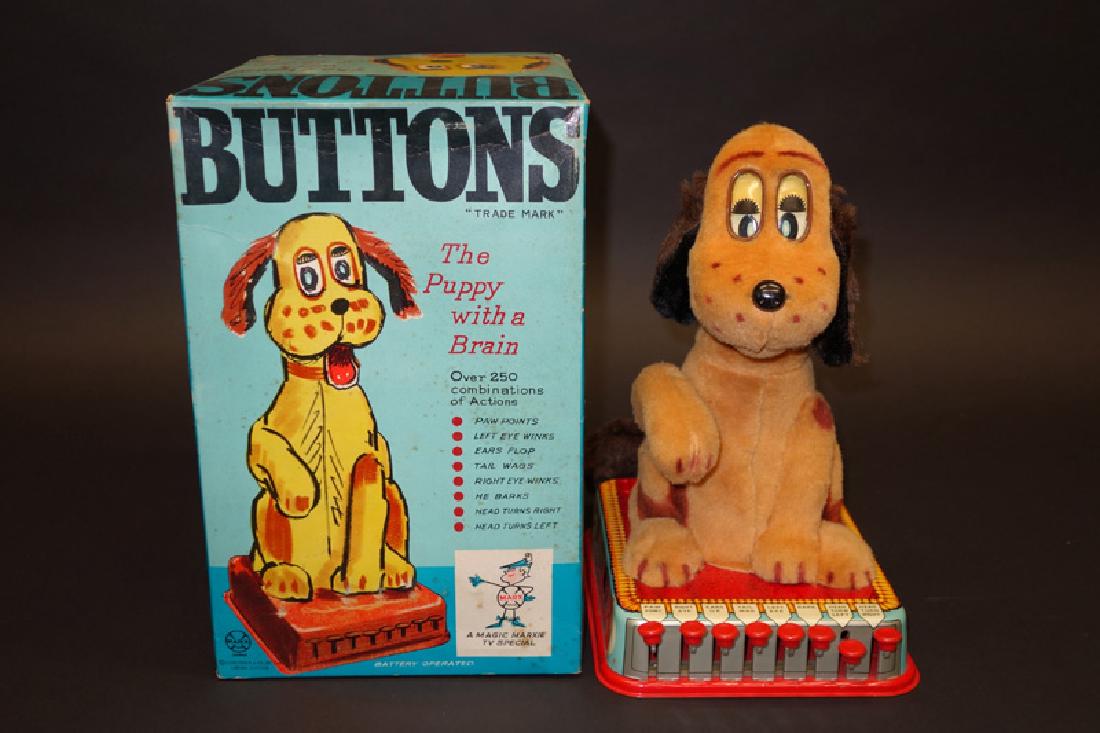 "BUTTONS" THE DOG BATTERY OP: Marx, Japan; tin and plush; battery op not working; original box is G-VG; H-13", VG-EX