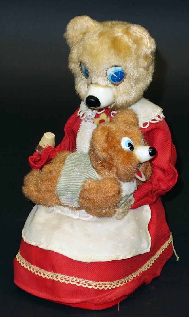 SPANKING BEAR BATTERY OP: Linemar Japan; mostly cloth and plush; not working; normal wear; spanking hand missing; H-9", F-G