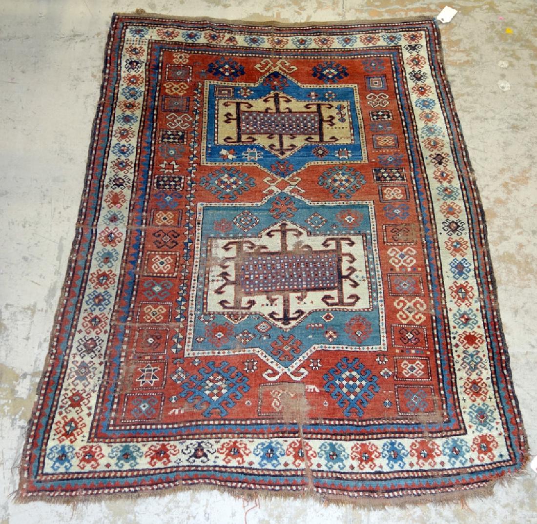 ORIENTAL THROW RUG: Edge wear; low spots; 76" x 56", F
