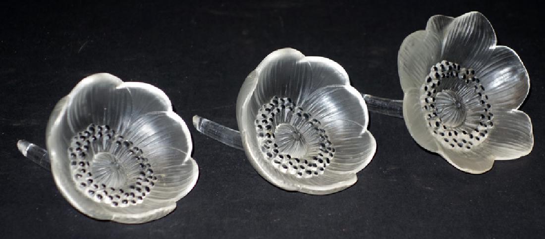 LALIQUE POPPY STOPPERS (3): (1) signed R. Lalique; L-4", G-VG