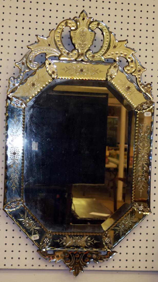 VENETIAN MIRROR: Layered and etched mirrors; some light fatigue; a few rosettes need re-attaching; H-38", G