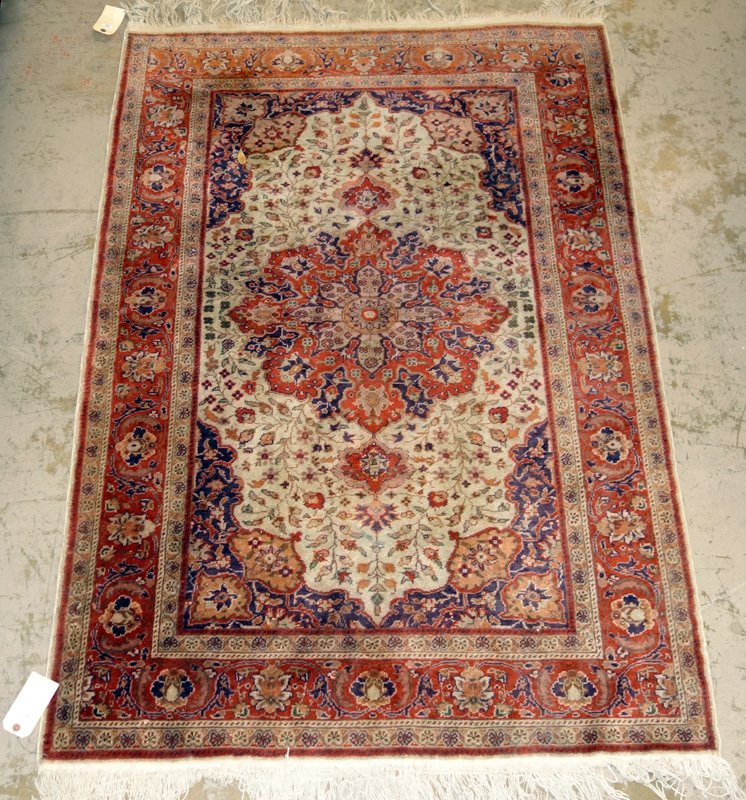 ORIENTAL THROW RUG: Center medallion; needs cleaning; normal wear; 72" x 47", G