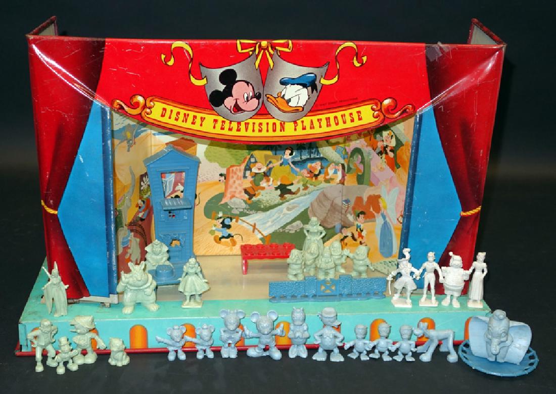 DISNEY TELEVISION PLAYHOUSE: Litho tin; together with a group of plastic figures; dings, dents and wear; H-11", G-VG