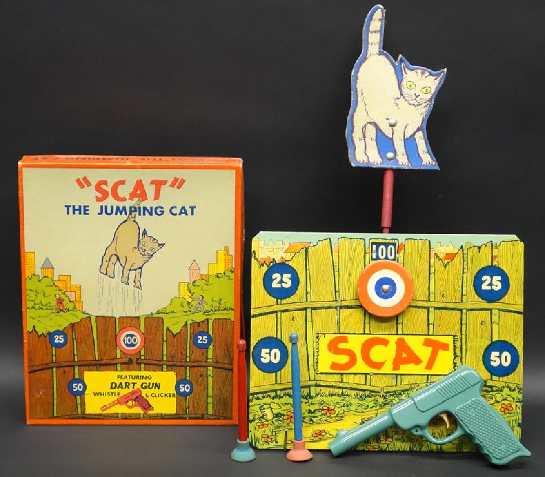 "SCAT" "JUMPING CAT" TARGET GAME: American Toys; litho tin and cardboard; original box; box H-10", EX-NM