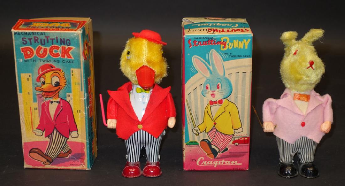 STRUTTING DUCK & BUNNY (2): Cragstan & Alps, Japan; litho tin, cloth and plush; original boxes are G-VG; H-7", VG-EX