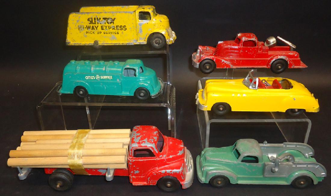 HUBLEY, SLIK, DARDIS, ETC. VEHICLES (6): Painted pot metal; includes: convertible car, "Cities Service" tanker; Slik Hi-Way Express; wear, rubs, paint loss; L-6"-9 1/2", F-G