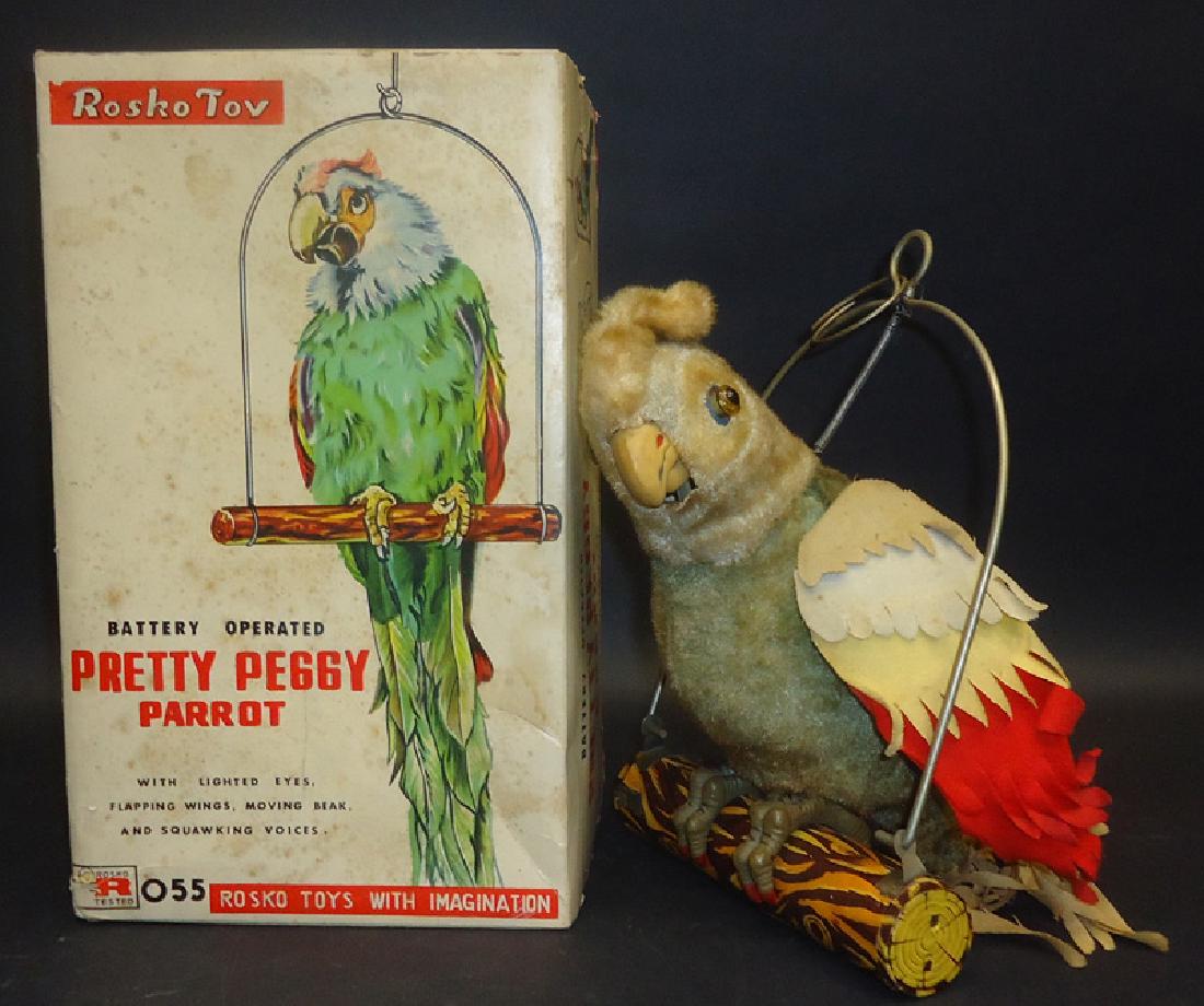 PRETTY PEGGY PARROT BATTERY OP: Japan; plush, cloth and tin; battery op not working; original box stained; wear; H-11", G