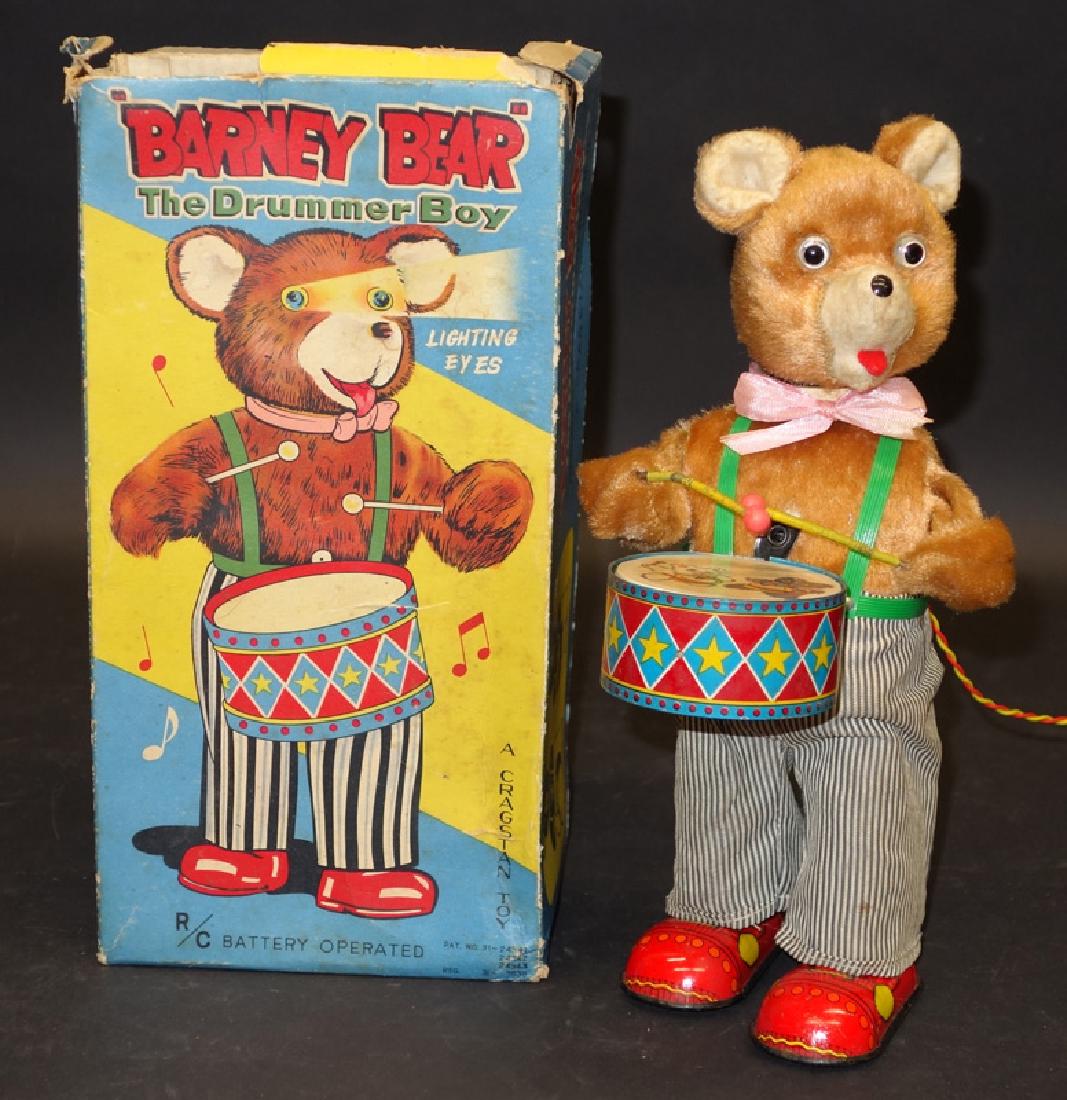 "BARNEY BEAR" THE DRUMMER BOY BATTERY OP: Lighting eyes; Japan; cloth and plush; not working but eyes light; original box is fair; normal wear; H-11", G