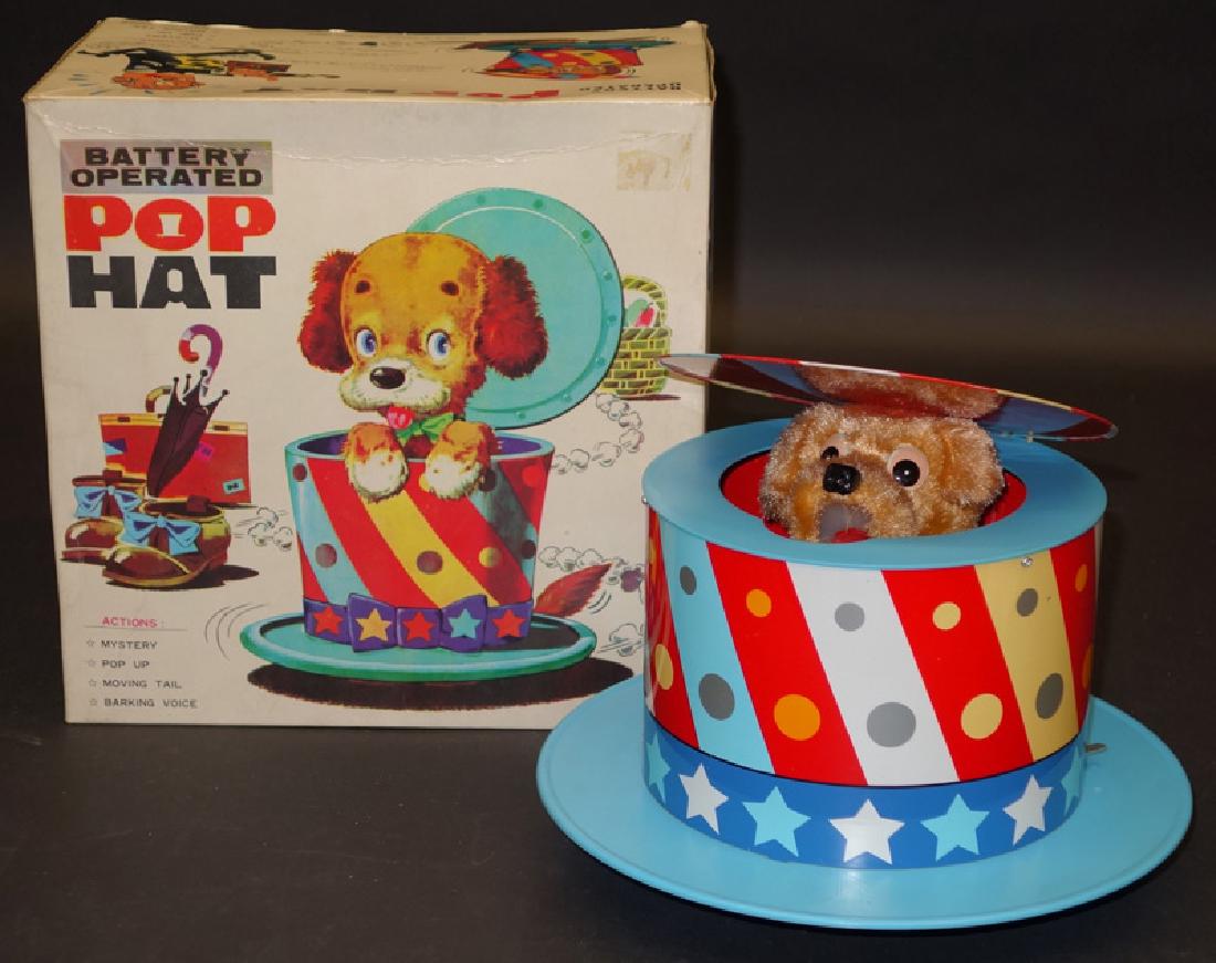 BATTERY OP "POP HAT": TN Japan; litho tin and plush; battery op; works but dog does not pop up well; original box is VG; H-6", VG-EX
