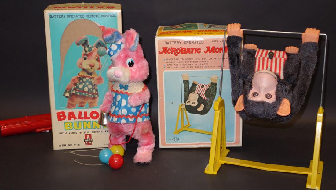 BATTERY OP BUNNY & CHIMP (2): Japan; plush and cloth; not working; original box is G; wear; H-9"-11", G-VG