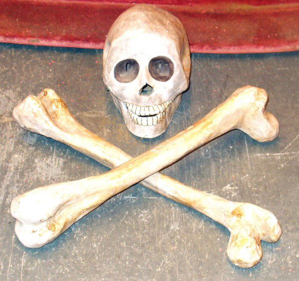 PAPIER MACHE SKULL AND BONES: Life-size; probably from Odd Fellows Hall; faded; VG.