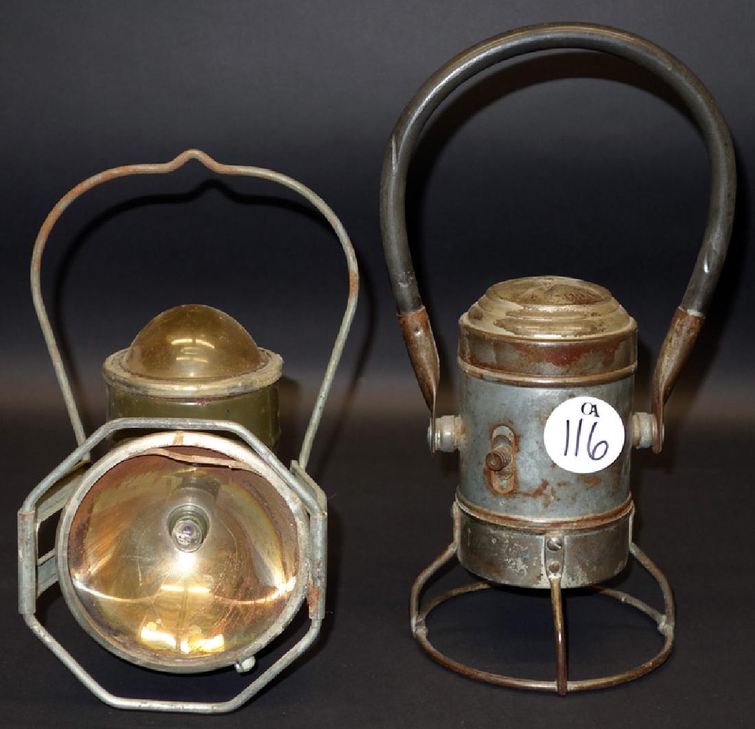RAILROAD LANTERNS (2): Metal and battery operated; "Ecolite", etc.; as is; (1) missing lens, other pieces missing; tallest H-16", F