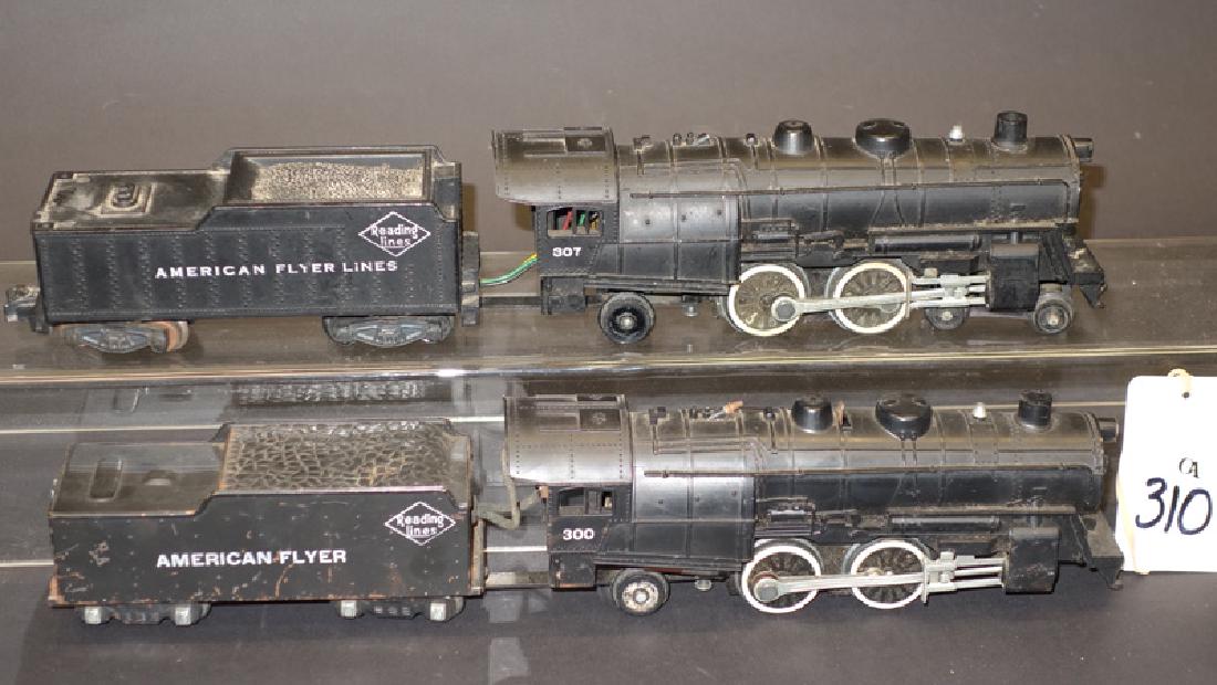 AMERICAN FLYER S GAUGE (4) PIECES: #300 and #307; engines and tenders; painted metal; normal wear; L-14 1/2" - 16 1/4", G