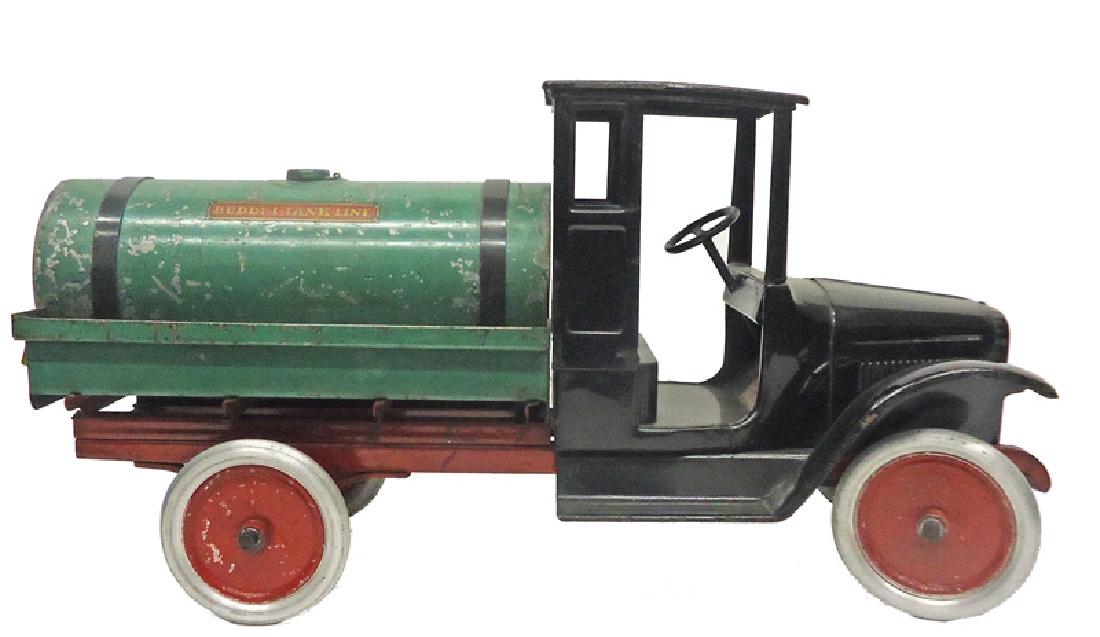 BUDDY L TANK TRUCK: Painted pressed steel; wear and paint loss, mostly to tank; L-25", G