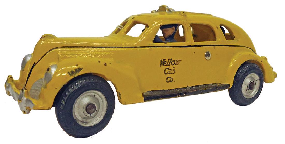 ARCADE YELLOW CAB: painted cast iron; original paint; missing clacker strip; L-8", G-VG