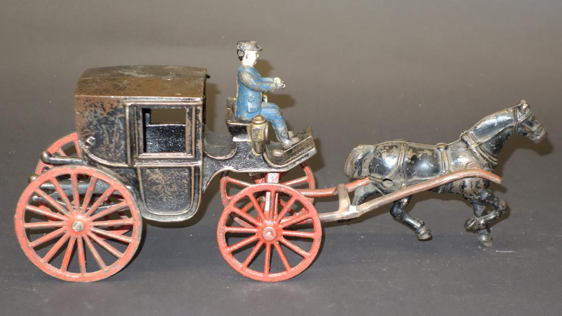 SHIMER (?) COACH: Painted cast iron; mostly original paint; figure may not be correct; paint wear and chips; L-13", G