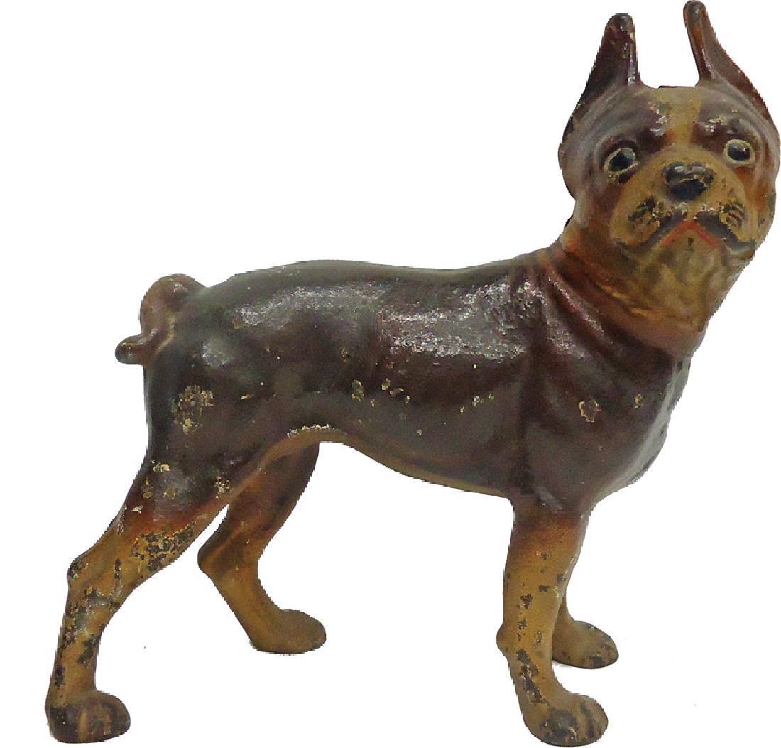 BOSTON TERRIER DOORSTOP: Painted cast iron; Paint chips and some wear; L-9"; G-VG