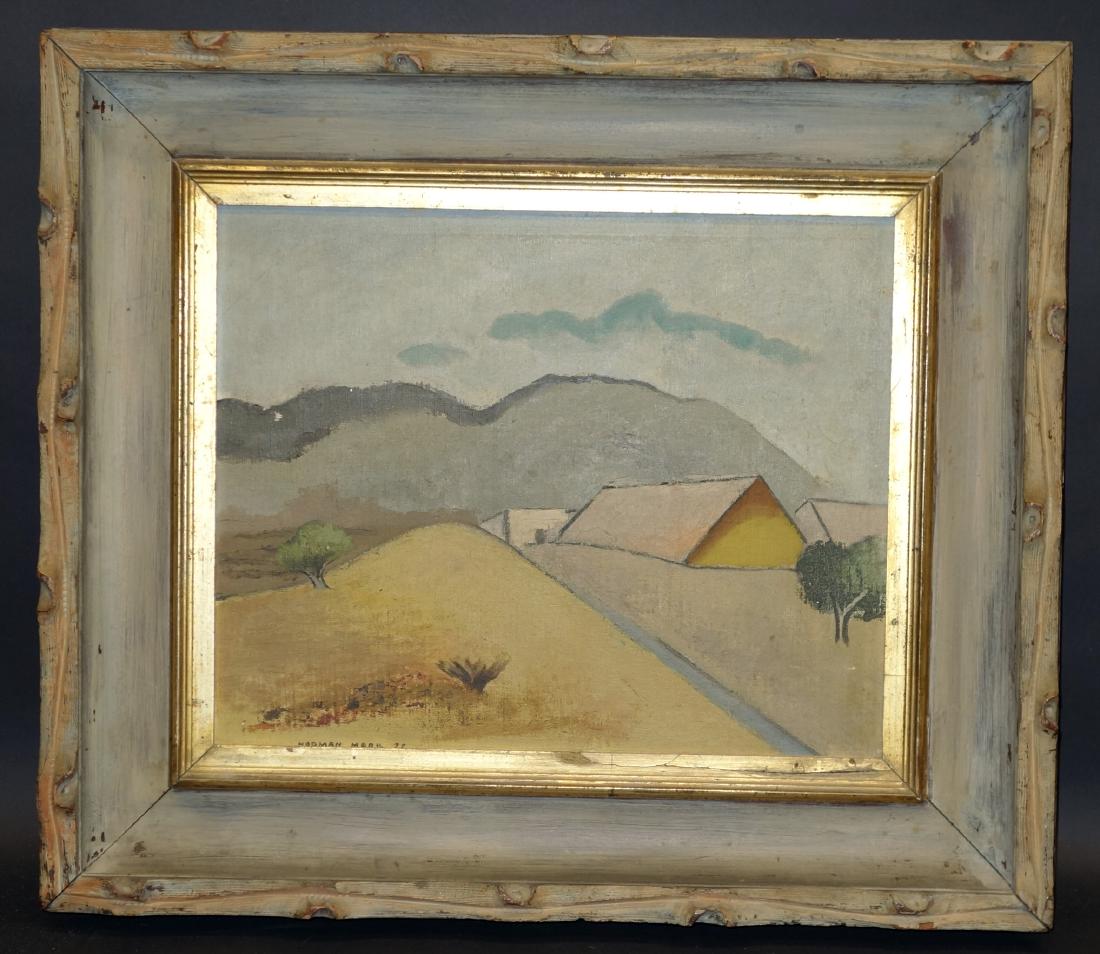HERMAN MARIL LANDSCAPE PAINTING: Oil on masonite; signed lower left; 1935 "Farm (?) in the Berkshires" on reverse; framed; minor rubs; minor light crazing in tree; 13" x 16", G