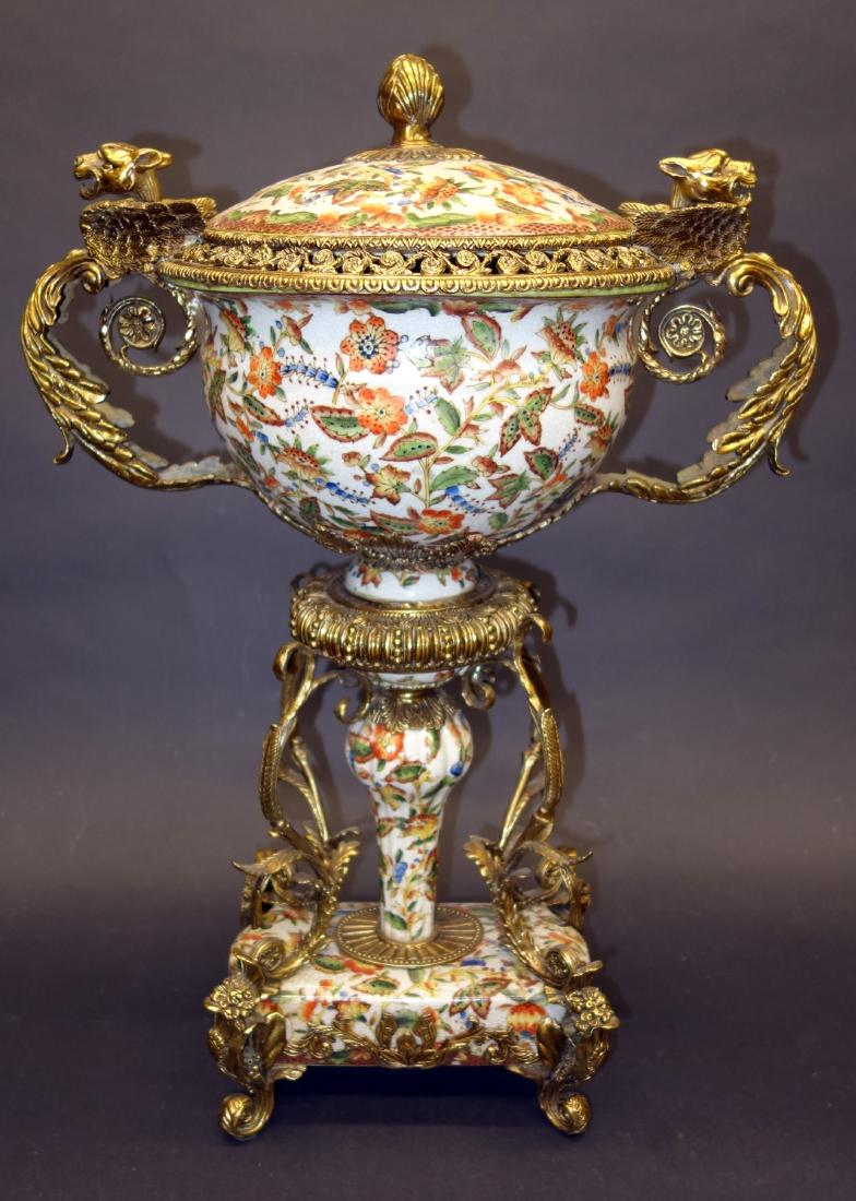 LARGE BRONZE ORMOLU: Garmture; contemporary; painted cermaic with bronze ormou fitings and stand; H-25"; G-VG
