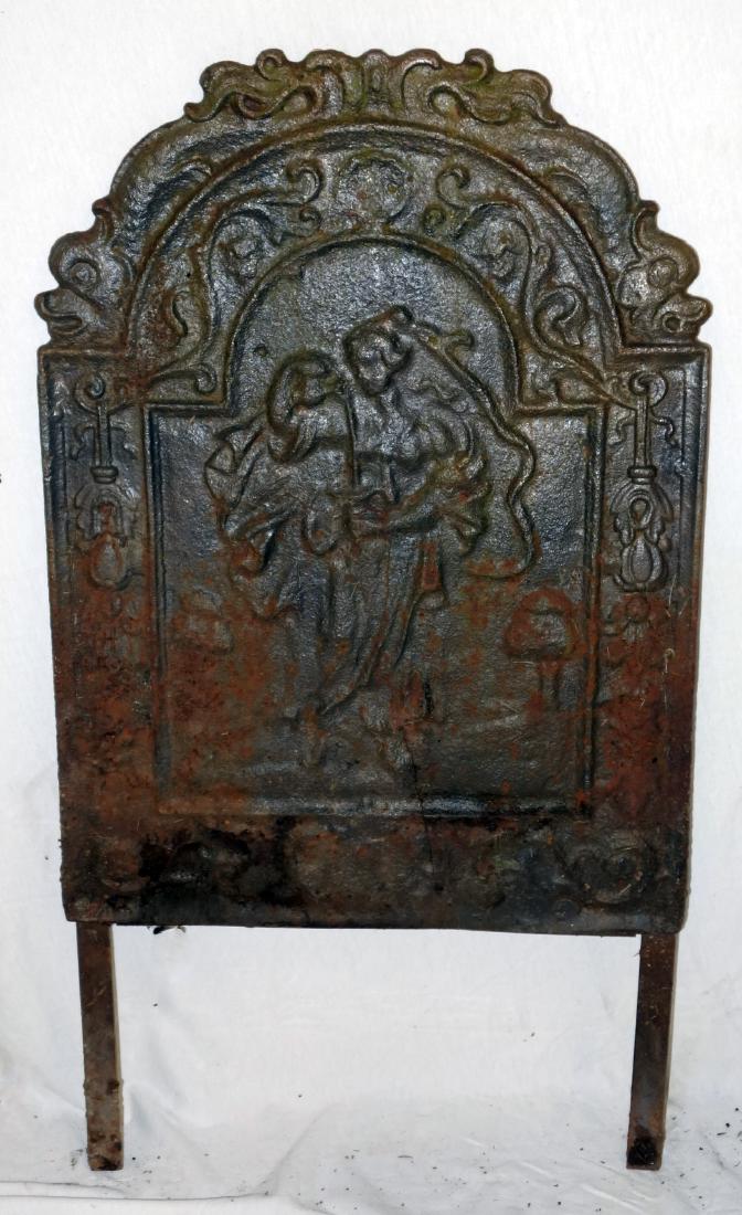 CAST IRON FIRE BACK: Woman in dress; legs added; weathered; H-26" without legs; F