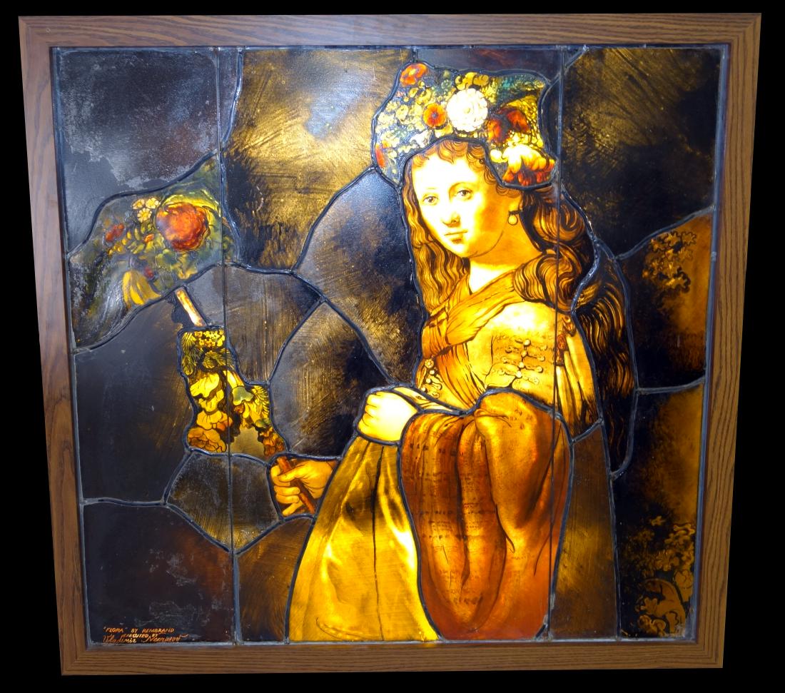 CLASSICAL PORTRAIT STAINED GLASS WINDOW: Leaded and painted glass; portrait of woman in robes holding flowers, entitled "Flora" signed in lower left Vladimir Neurasov; encased in oak light-up frame; frame measurement: 50" x 52 1/2", G-VG