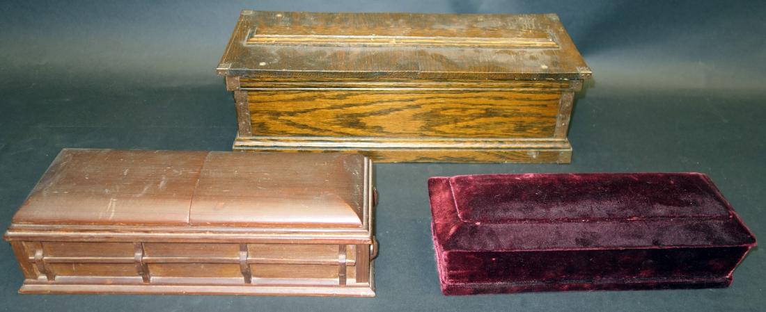 (3) MINIATURE COFFINS: (2) Wood, (1) felt covered; L-12"-17 1/2", G