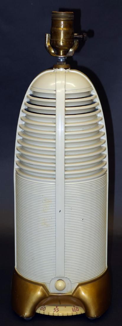 "LUMITONE" LAMP RADIO: Bullet shape white and gold plastic; runs; normal wear; minor paint chips; H-18", G-VG