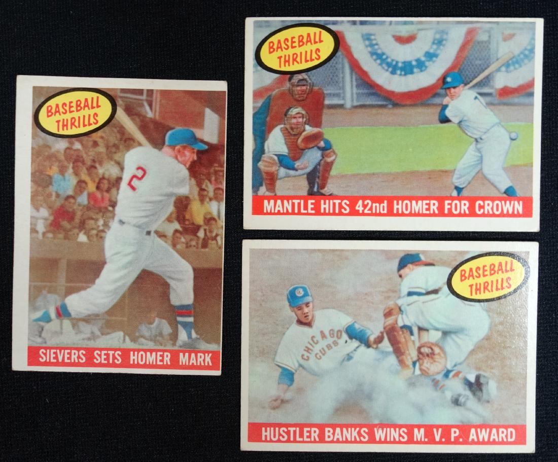 1959 TOPPS BASEBALL CARDS "BASEBALL THRILLS": #461 Mantle; #465 Sievers; #469 Banks; G-VG