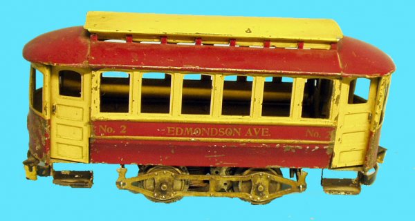 LIONEL EDMONSON AVE. TROLLEY: #2; painted tin; electric; some flaking; L- 11 1/2"; F-G;