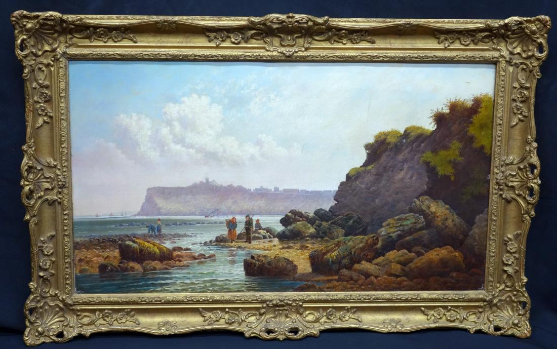 PR. H. HELLEWELL COASTAL PAINTINGS (2): Fishermen and women beach scenes; oil on canvas; both signed lower right; gilt frames; relined; (1) has rough lower edge; 17" x 30", G-VG