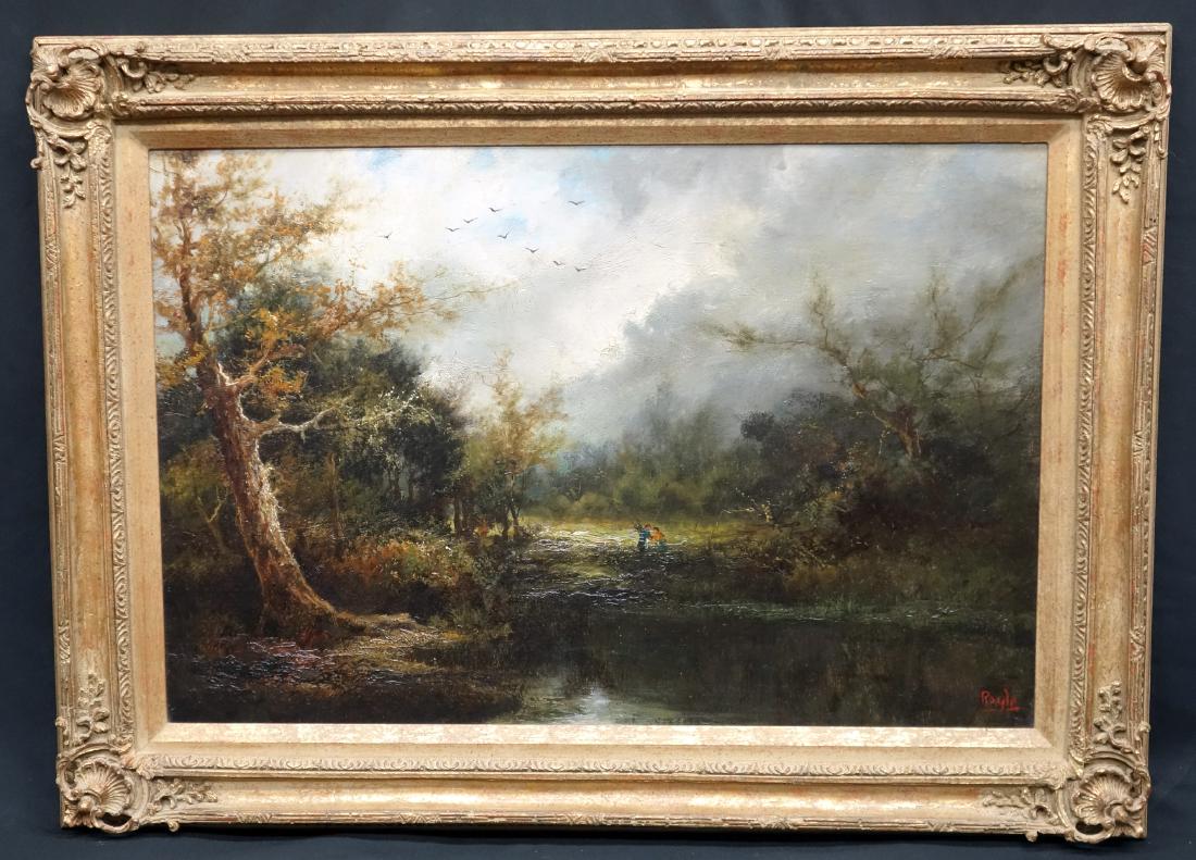 EARLY LANDSCAPE PAINTING: Oil on canvas; signed "Royale"(?); a couple in clearing with crows above, framed; relined; 20" x 30", G