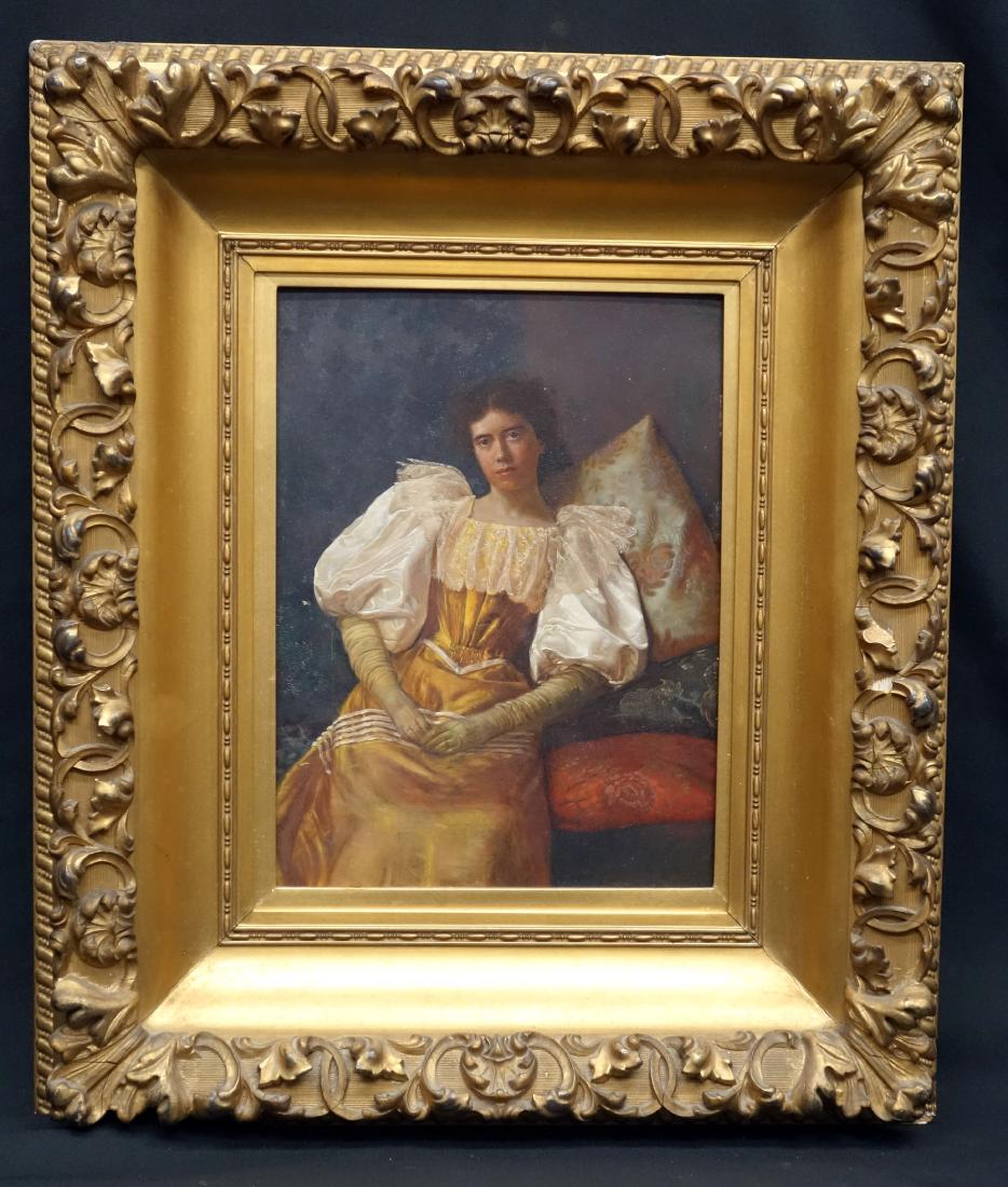 PORTRAIT PAINTING YOUNG WOMAN: Late 19th early 20th century; oil on wood panel; well executed; Thayer & Chandler Chicago label; ornate gilt frame; needs cleaning; 12" x 9", G-VG