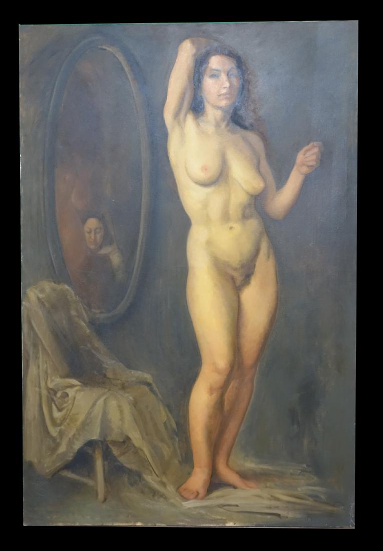 LARGE A. VAN'T HOFF NUDE PAINTING: Oil on canvas; standing nude with self portrait; of Hoff painting subject viewed in mirror; unframed; 72" x 48", G