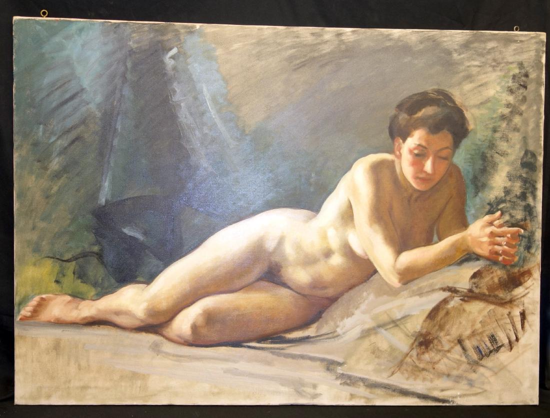 LARGE A. VAN'T HOFF NUDE PAINTING: Oil on canvas; signed on reverse; reclining woman; not framed; 36" x 50", G