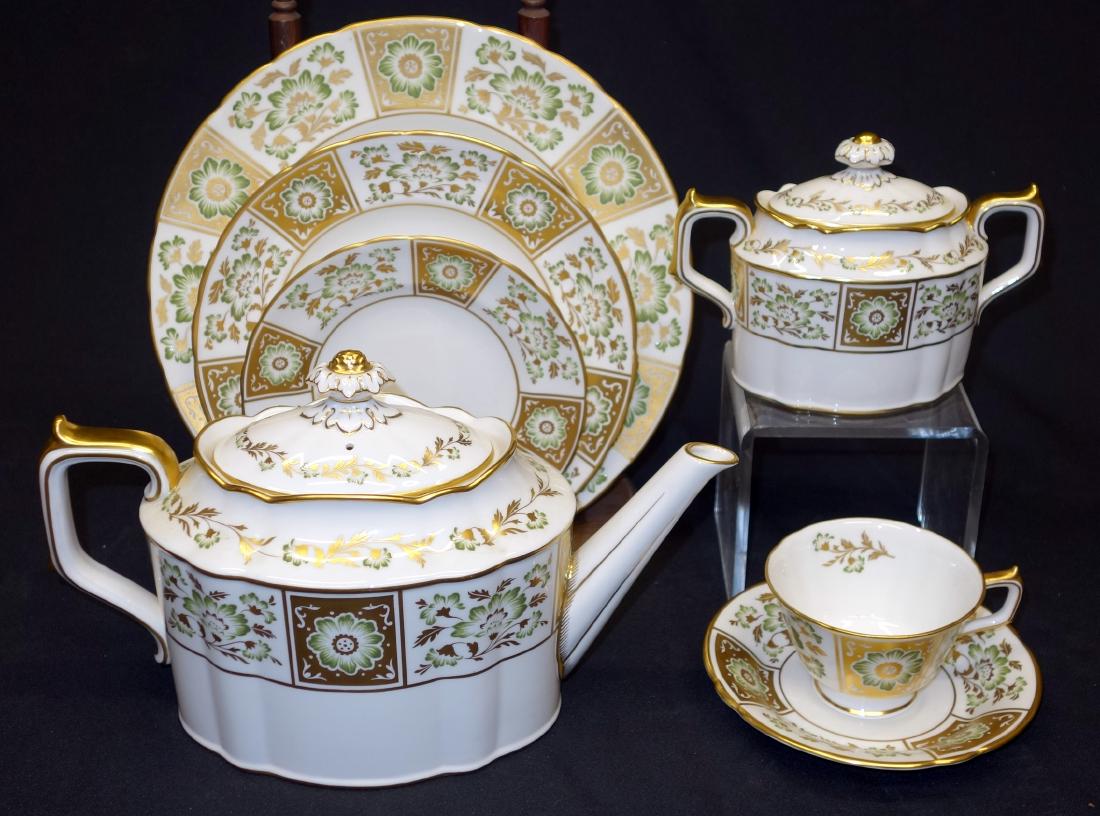 ROYAL CROWN DERBY PARTIAL SERVICE (51+/-): Green Derby panel; normal wear; plate Dia.-10 1/2", teapot L-11 1/2", G-VG