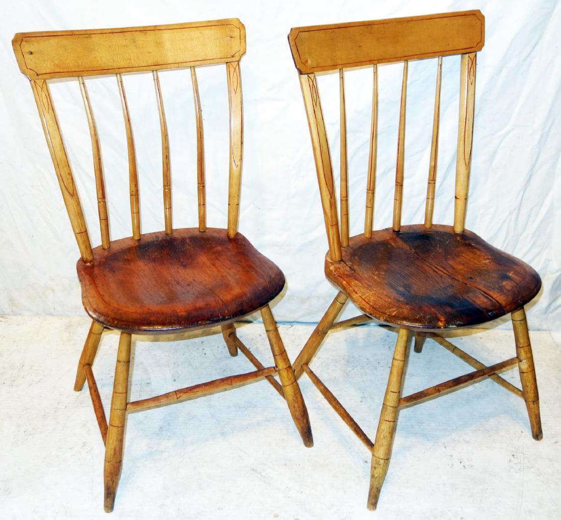 SET OF WINDSOR CHAIRS (4): Maple with red pin striping; scalloped seats; (1) seat repaired; (1) spindle cracked; H-34", W-16", G