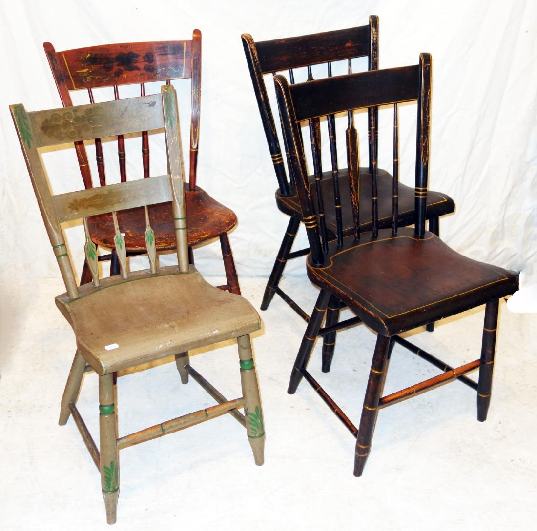 PAINTED LATE WINDSOR CHAIRS (4): Assembled; arrow, bamboo, curved spindle backs; normal wear; H-32", W-15", F-G