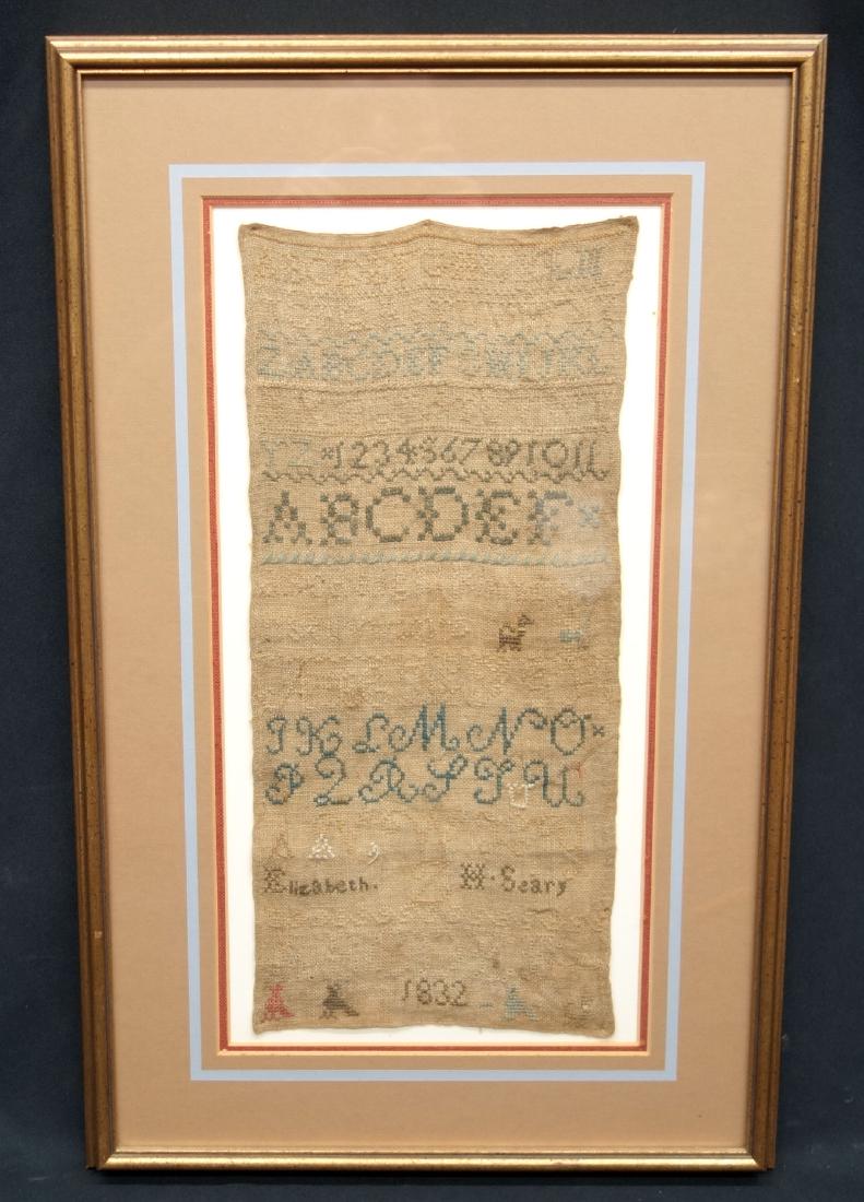 NEEDLEWORK SAMPLERS (2): (1) Elizabeth Seary 1832 Alphabet; birds, dog, etc., faded; (1) Mahaly Jane Everett - Baltimore, 1887, alphabet; matted and framed; largest 17" x 6", F-G