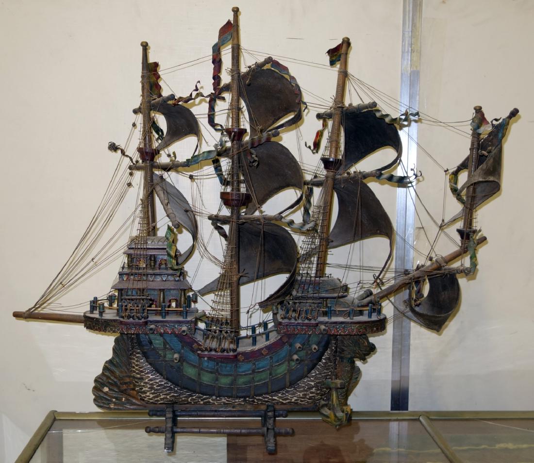 DRAGON BOAT MODEL: Carved and painted wood and gesso; most rigging complete; H-30", L-33", G-VG