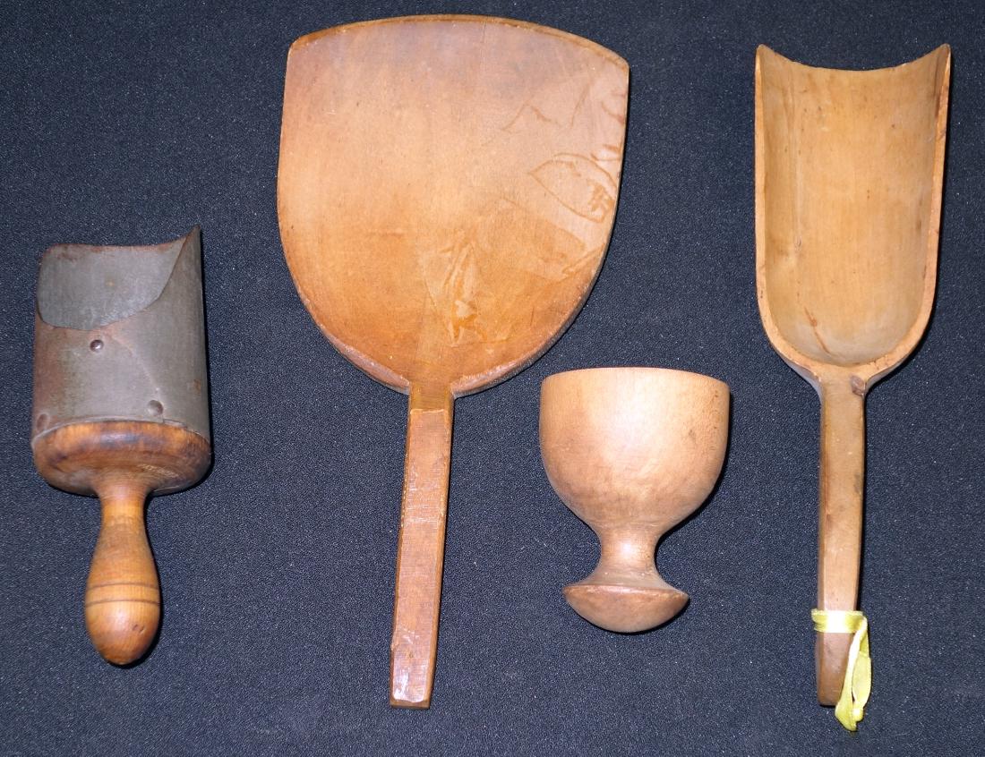 SHAKER KITCHENWARE, ETC. (4): Turned wood and tin; normal wear; H-3"-10", G-VG