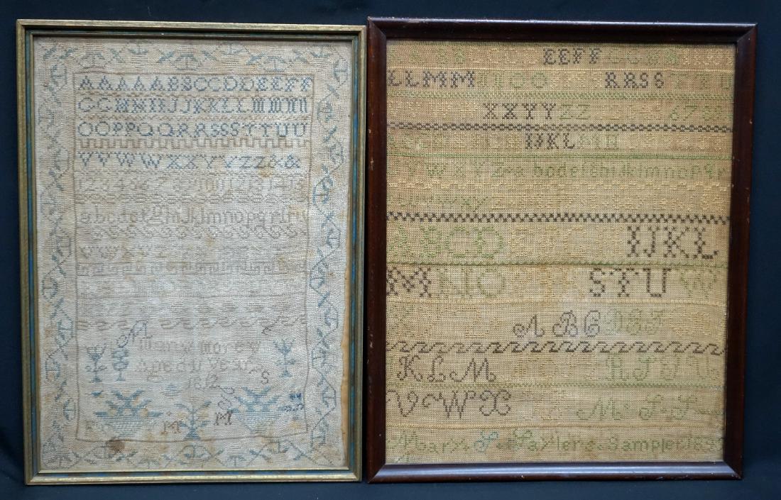 NEEDLWORK SAMPLERS (2): (1) 1812, Mary Morey, 11 years, alphabet, baskets, 16" x 12", faded, spots; (1) 1849, Mary Taylor(?), alphabet, 17" x 13", F-G