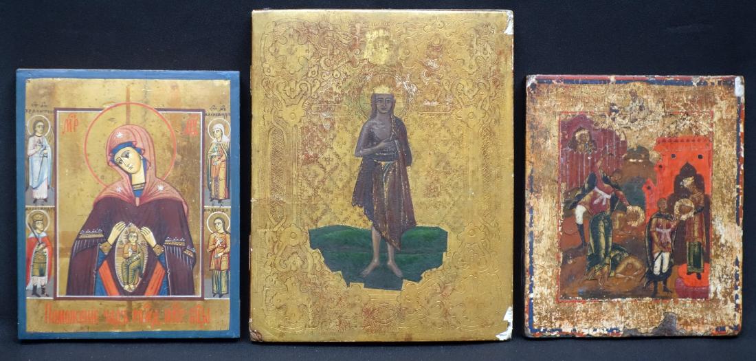 ICONS (3): Russian; 19th century; painted on wood; (1) St Mary of Egypt - wear; (1) Virgin of the Sign with Saints - VG; (1) Beheading of John the Baptist - wear and losses; 9" x 7"