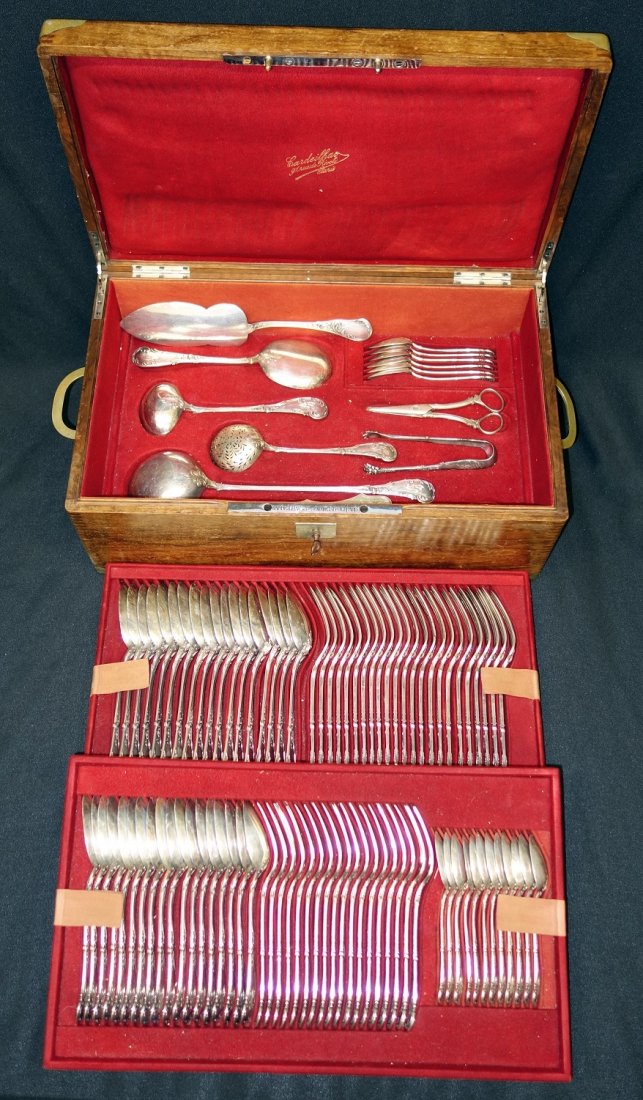 CARDEILHAC SILVER FLATWARE SERVICE: 950 mark; monogrammed; (18) tablespoons 8 1/2\"; (23) dinner forks 8 1/4\"; (18) spoons 7 1/4\"; (18) forks 7 1/4\"; (18) teaspoons 5 1/2\"; (3) ladels, 1-slotted, 8\"-12 3/4\"; (1) fish set (knife an