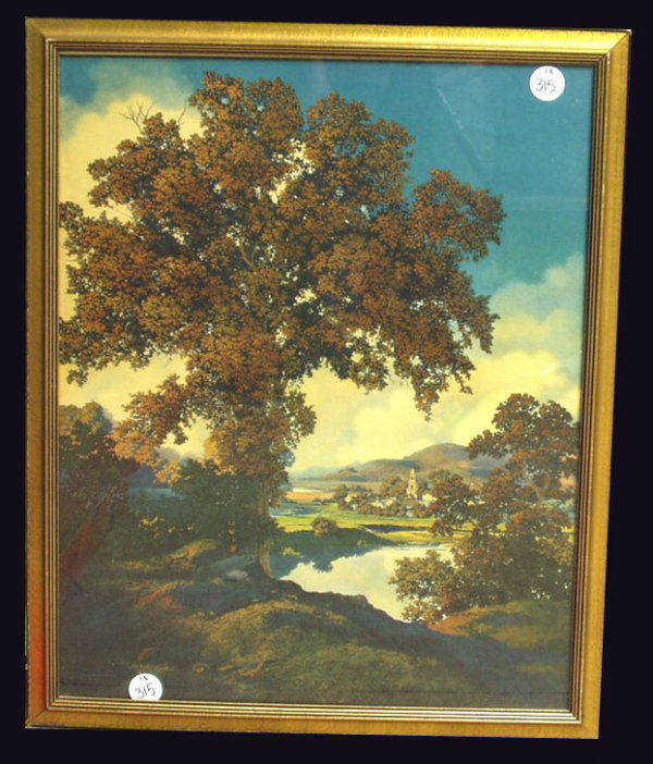MAXFIELD PARRISH PRINT - PEACEFUL VALLEY JUMBO PRI: MAXFIELD PARRISH Print "Peaceful Valley". Scarce JUMBO PRINT 24" by 29 1/2". Marked Copyright House of Art N.Y. 2" scratch Bottom left. Faint 1" crease upper right. Excellent Condition. Vibrant colors