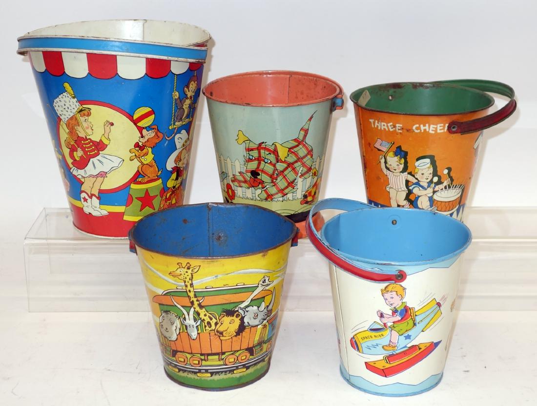 SAND PAILS (5): Litho tin; handles; Ohio Art, Chein; some with rust and wear; tallest H-8", F-G